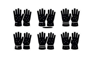 Obraz premium vector solid black filled icons gardening tools set (glove pair): glove outlines wrist cuff shadow smear light rim fabric lines accent dots.