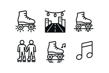 vector outline icons roller skating (night glow): glowing wheels dark street string lights reflection friends music.