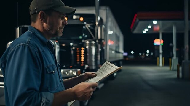 Truck driver reviews delivery checklist at night stop. Commercial transport logistics, freight industry, delivery, shipping service, transportation, compliance, and supply chain uses.