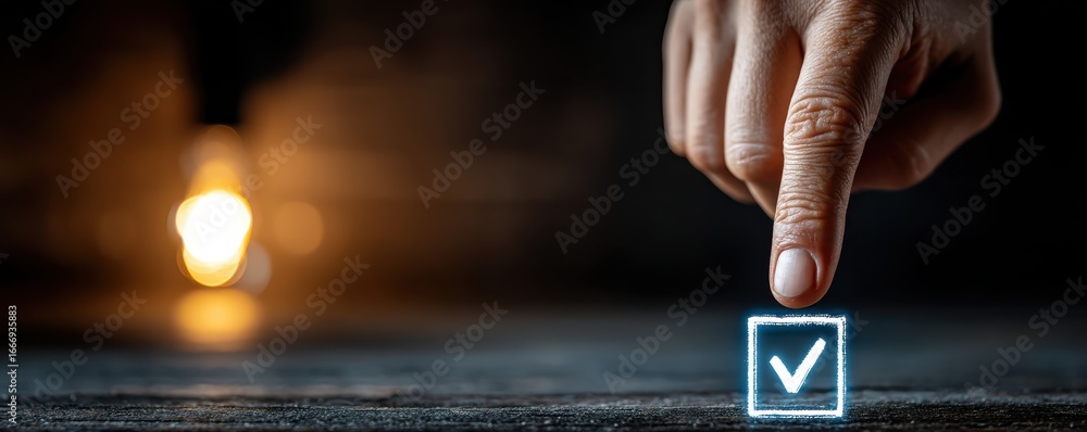 Poster hand pointing at a glowing checkmark icon on a dark background
