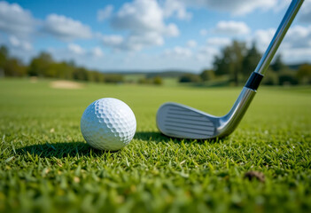 Golf Ball and Club on Green Fairway