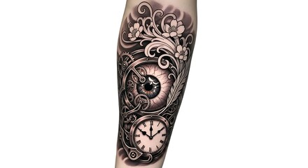 Detailed eye and clock tattoo, with floral accents
