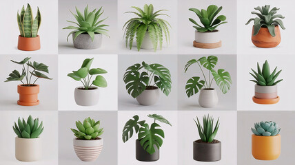 15 realistic 3D potted plant icons. White background. Varied species & pots.