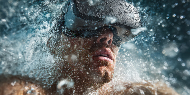 Person wearing VR headset is submerged in water, experiencing immersive and dynamic virtual reality environment - Powered by Adobe