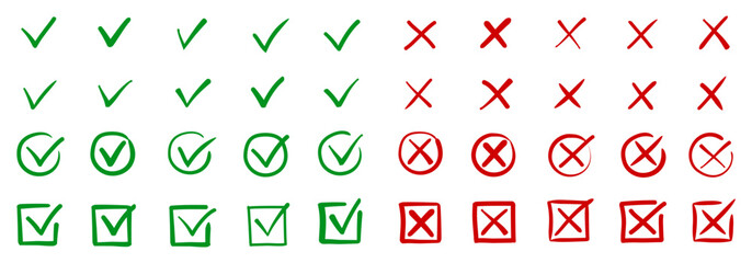 Check tick mark icon set, hand drawn doodle red cross box x check mark green checkbox v, sketch marker checklist symbol right and wrong set - stock vector