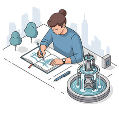 Isometric illustration of a person sketching a fountain in a park with a cityscape background