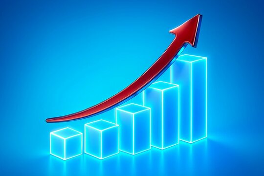 Glowing blue bar chart with a red arrow indicating upward growth and success