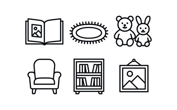 vector outline icons elementary years (story time): picture book carpet mat plush toys reading chair bookshelf wall art.
