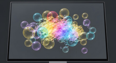 Interactive bubble chart showing the relationship between different variables in a data set, without text or captions. Photorealistic, HD.