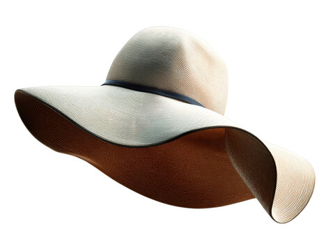 Stylish women's wide-brimmed sun hat with a black ribbon, perfect for summer outings or beach vacations., transparent png, cutout