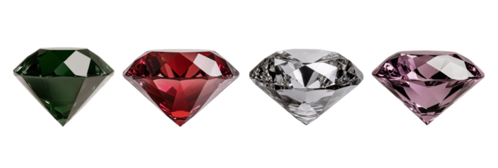 set of red, white, green diamond gem isolated on transparent background	