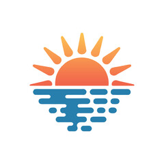A beautiful sunset or sunrise over ocean waves. A modern and simple travel, nature, or summer vacation logo icon vector illustration