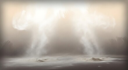 Ethereal landscape with diffused light beams illuminating a foggy terrain and distant peaks showcasing mystery and