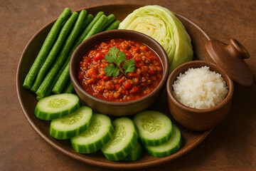 Nam Prik Ong with Fresh Vegetables and Sticky Rice