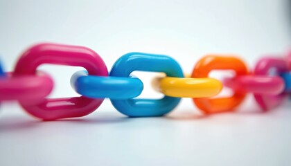 Interlocking plastic chain links in vibrant blue, pink, orange, yellow hues form playful, abstract pattern. Simple, geometric design with bright colors, smooth texture evokes creativity, connection.