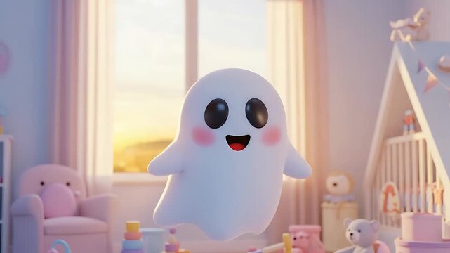 Adorable cartoon ghost animation in a playful children's room, perfect for Halloween and whimsical