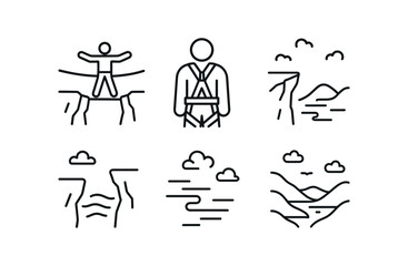 vector outline icons tightrope walking (mountain cliff): rope over gorge safety harness rocky ledge misty air blue sky valley view.