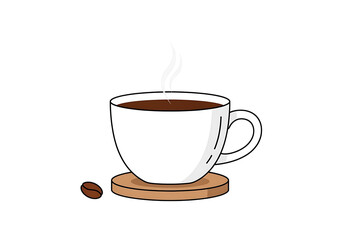 Obraz premium A simple, stylized illustration of a white coffee cup filled with dark brown coffee, with steam rising, and a coaster underneath.