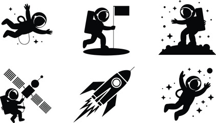 Black and white space exploration silhouettes of astronauts floating, planting flags, operating satellite, and a rocket launching in space