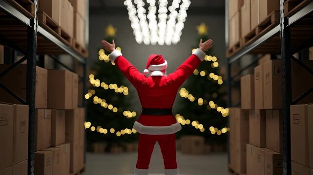 Santa Claus celebrating a successful holiday season in a warehouse
