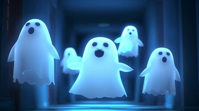 Cute cartoon ghost animation glowing in dark spooky hallway, funny Halloween characters floating with blue neon light, playful fantasy spirits for holiday celebration and children party design