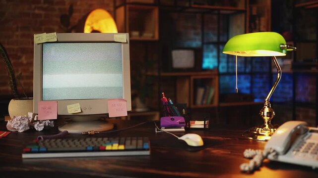 Retro office computer showing no signal, communication failure, internet outage