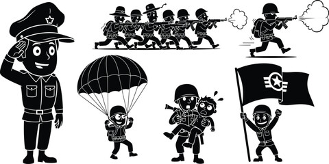Cartoon soldier silhouettes in military action, army parachute, rescue mission, combat scene, patriotic flag, war illustration, armed forces