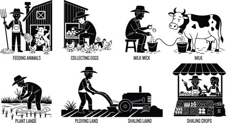 Cartoon farmer silhouettes working on farm, feeding animals, milking cows, collecting eggs, planting, plowing land, selling crops at market