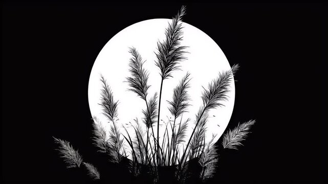 Silhouettes of tall grasses under a full moon