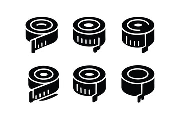vector solid black filled icons measuring tape (rolled tape): tape coil length marks end hook shadow smear light rim highlight dot.