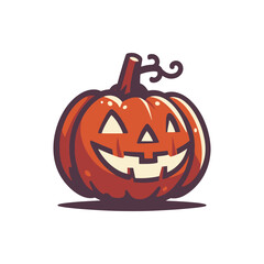 A cheerful, carved Halloween pumpkin with a smiling face, set against a plain background