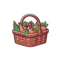 A colorful woven basket filled with fresh fruits and vegetables, set against a plain background