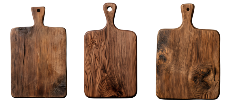 set of top view of a wooden cutting board isolated on transparent background	