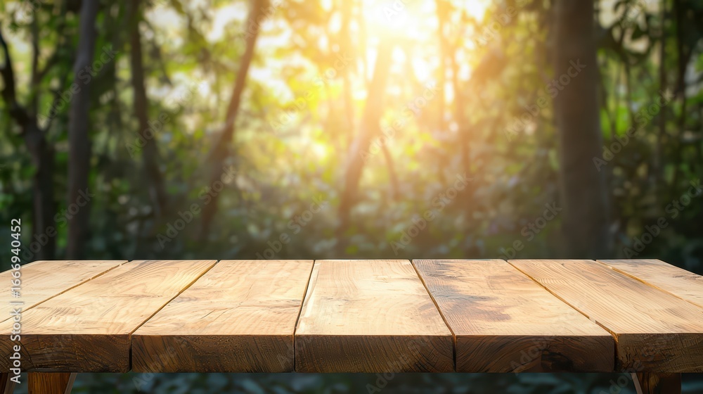 Poster sunlit wooden table in a forest setting with soft focus background
