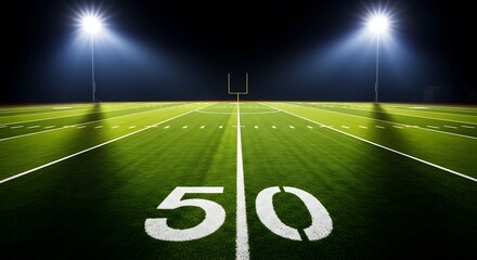 American Football Field at Night Illuminated by Powerful Stadium Lights, Highlighting the 50-Yard Line and Goalpost, Ready for Play