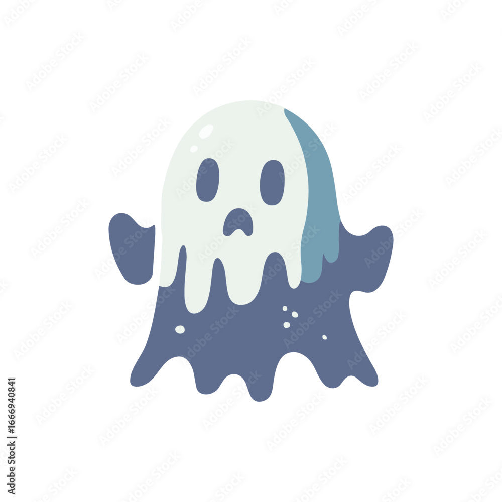 Poster a playful ghost character with a melting appearance, set against a simple white background