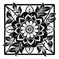 Intricate Floral Design with Leaves and Square Border, Black and White Illustration