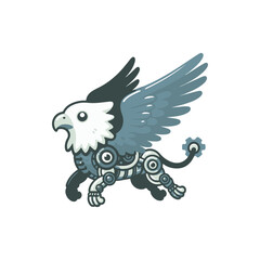 A robotic griffin with mechanical features soaring through a futuristic landscape