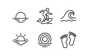 Obraz premium vector outline icons skimboarding (sunset session): orange sky reflective water silhouette rider wave glowing edge wet footprints.