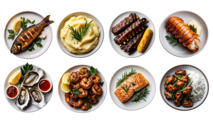 set top view white plate with dishes and cuisine, fried whole fish with garlic, herbs, oysters, lobster, grilled shrimp, mashed potatoes, ribs, chicken isolated on transparent	
