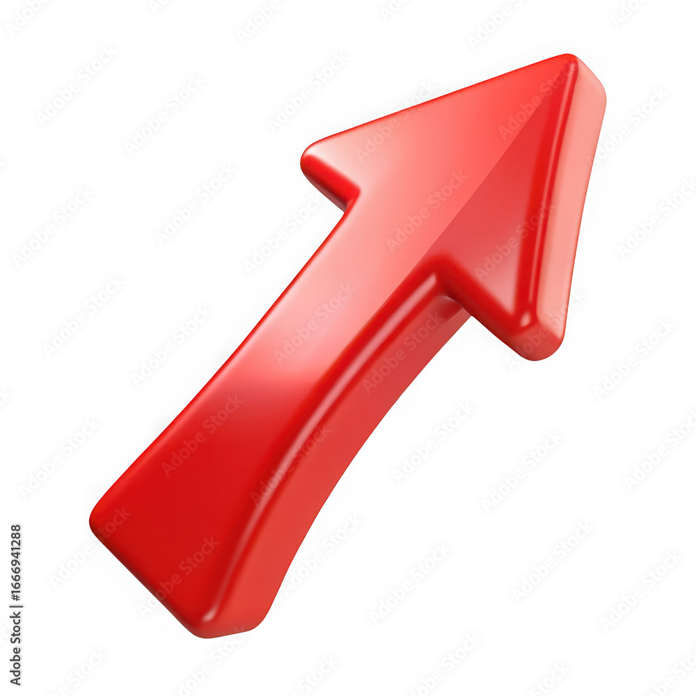 Poster 3d glossy red arrow pointing upwards on black background isolated on a transparent background