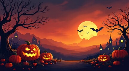Halloween background with pumpkins and a haunted house. Halloween background with Evil Pumpkin. Spooky scary dark night forest. Holiday event halloween banner background concept