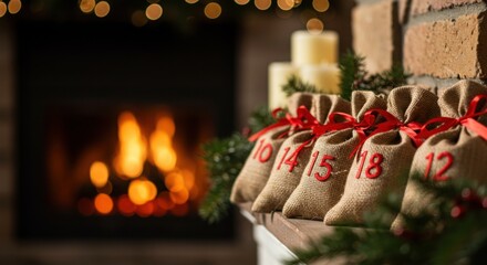cozy advent calendar pouches by fireplace with red ribbons and candles for christmas countdown