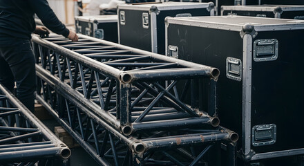 Event staging setup crew preparing for concert festival show preparation stage rigging equipment transport