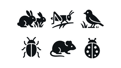 Obraz premium vector solid black filled icons grassy verge (wildlife): grazing rabbits grasshoppers small birds beetles mice ladybugs.
