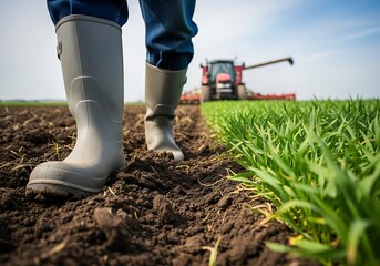 Farmer walking through a field with a tractor