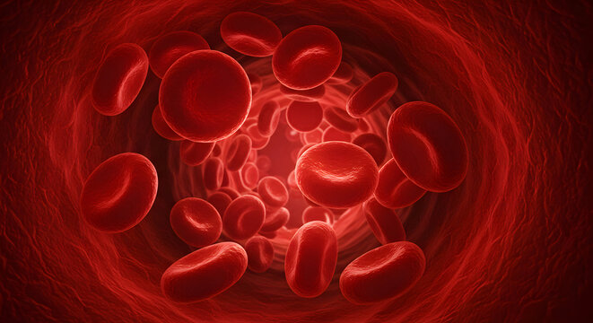 Microscopic view of red blood cells flowing through a vein artery human circulatory system healthcare medical science biology health blood cells