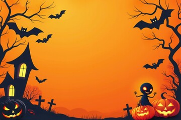 Halloween background with pumpkins and a haunted house. Halloween background with Evil Pumpkin. Spooky scary dark night forest. Holiday event halloween banner background concept