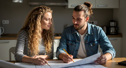 Young couple reviewing home renovation plans together at kitchen table modern design home improvement project teamwork collaboration architecture blueprints