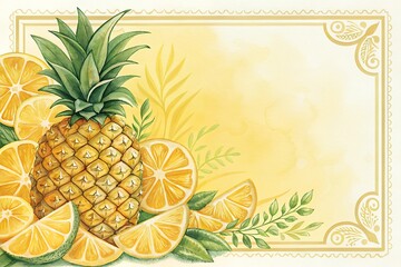 Vibrant watercolor pineapple and citrus fruits with ornate border and copy space